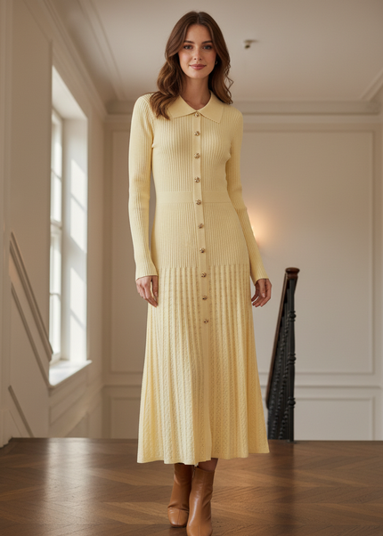 Langes Strickkleid Gelb mit Hemdkragen - Ansicht 1