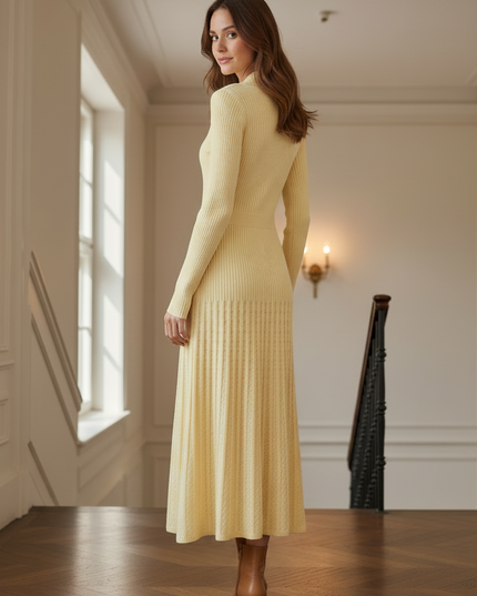 Langes Strickkleid Gelb mit Hemdkragen - Ansicht 2