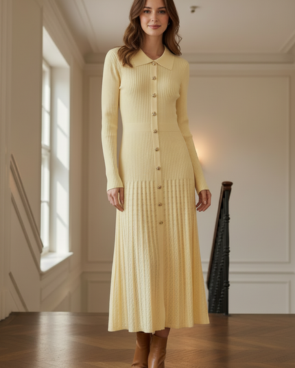 Langes Strickkleid Gelb mit Hemdkragen - Ansicht 3