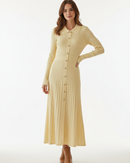 Langes Strickkleid Gelb mit Hemdkragen - Ansicht 5