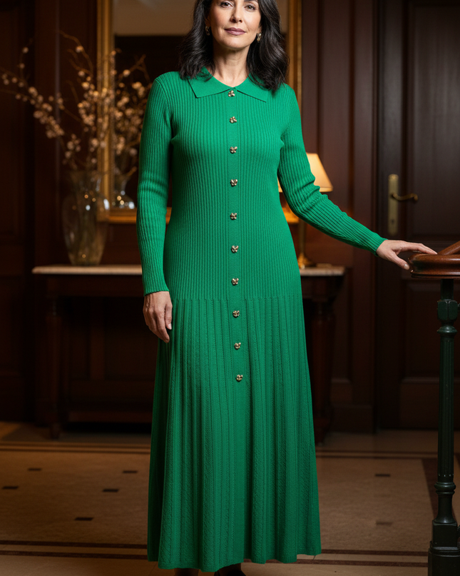 Langes Strickkleid mit Knopfleiste Grün, Plisseerock - Ansicht 1