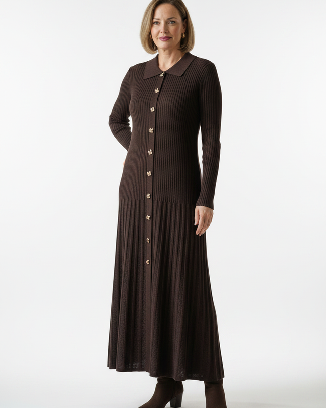Langes Strickkleid mit Knopfleiste dunkelbraun - Ansicht 5