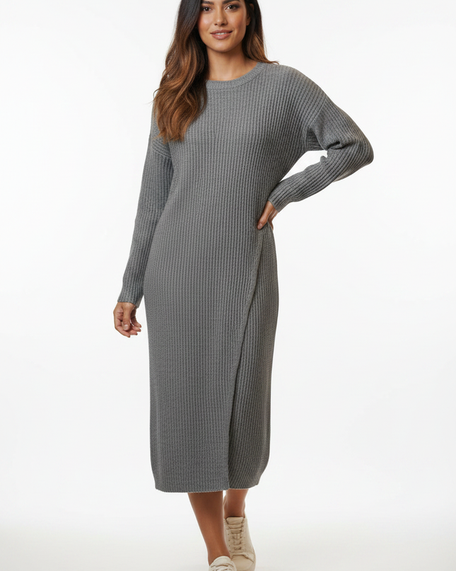 Midi Strickkleid Grau mit Wickeloptik - Ansicht 5