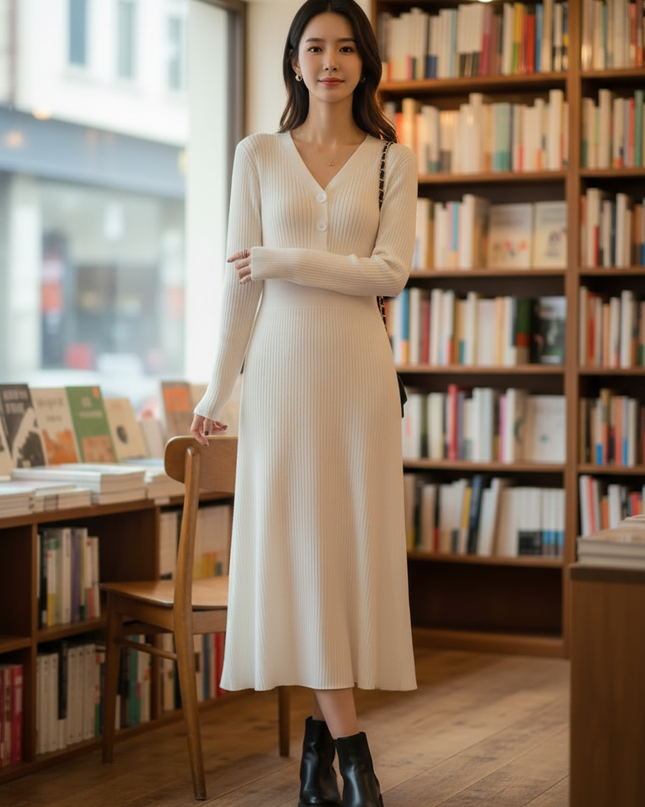 Midi Strickkleid Weiß mit Knopfleiste - Ansicht 3