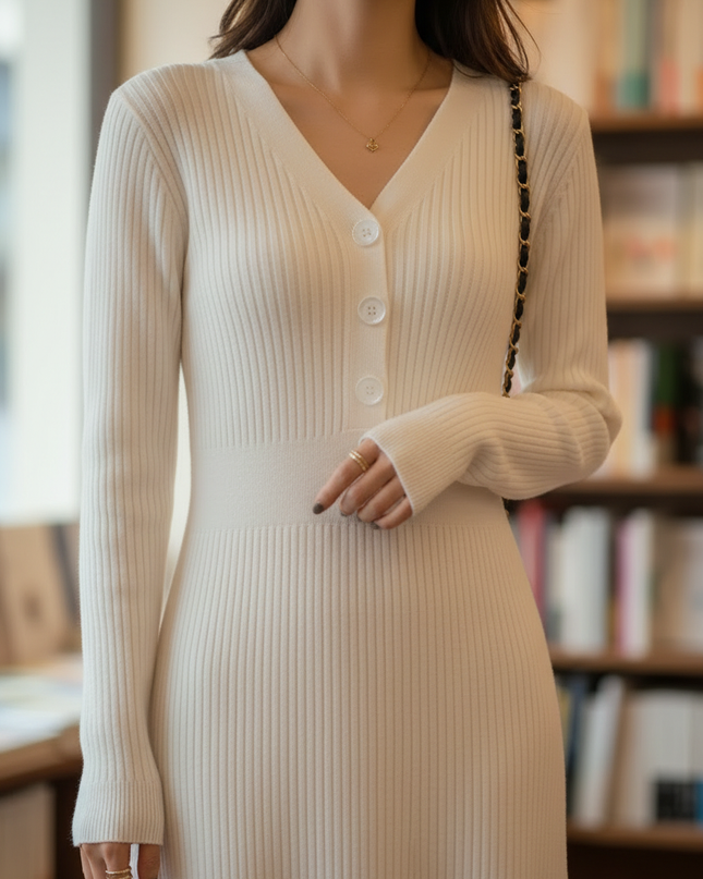 Midi Strickkleid Weiß mit Knopfleiste - Ansicht 4