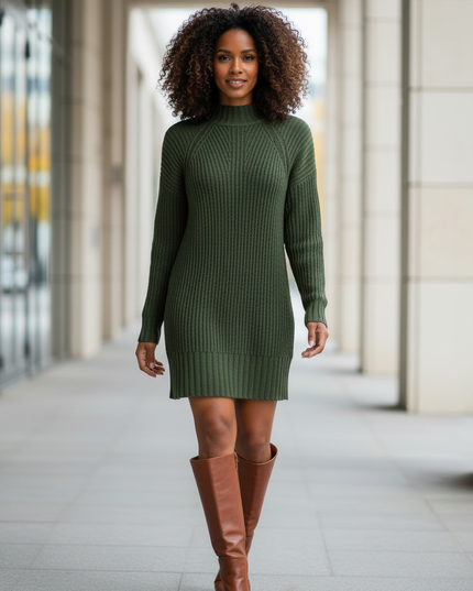 Mini Strickkleid Dunkelgrün mit Stehkragen - Ansicht 3