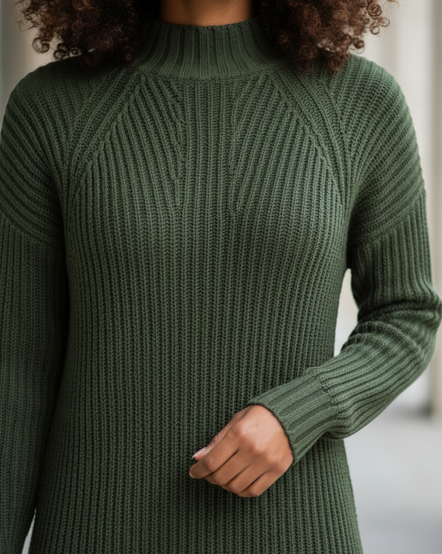 Mini Strickkleid Dunkelgrün mit Stehkragen - Ansicht 4