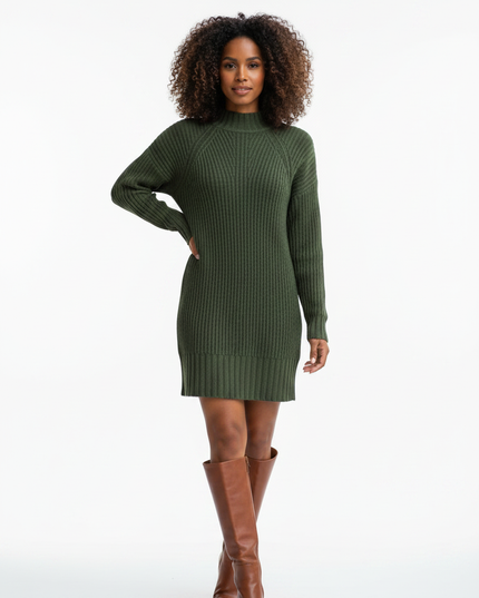 Mini Strickkleid Dunkelgrün mit Stehkragen - Ansicht 5