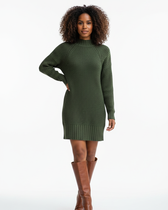 Mini Strickkleid Dunkelgrün mit Stehkragen - Ansicht 5