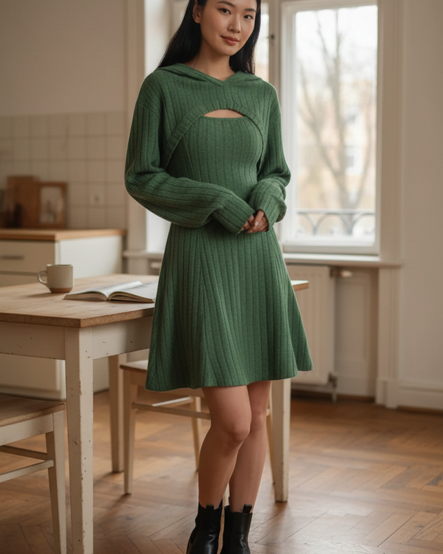 Mini Strickkleid mit Kapuze Dunkelgrün Rippstrick - Ansicht 1