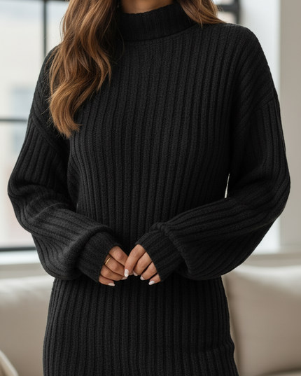 Rollkragen Strickkleid mit Fledermausärmeln schwarz - Ansicht 4