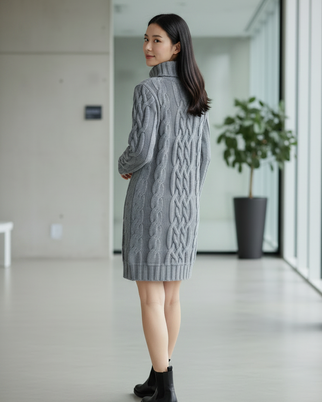 Rollkragen Strickkleid mit Zopfmuster in Grau - Ansicht 2