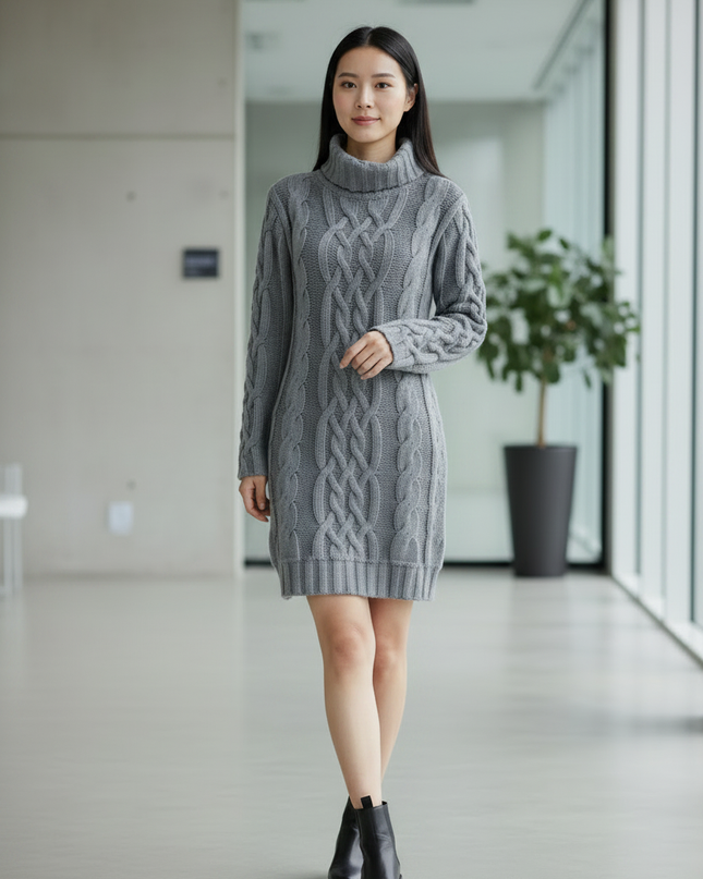 Rollkragen Strickkleid mit Zopfmuster in Grau - Ansicht 3