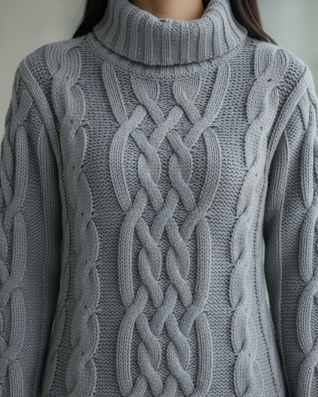 Rollkragen Strickkleid mit Zopfmuster in Grau - Ansicht 4