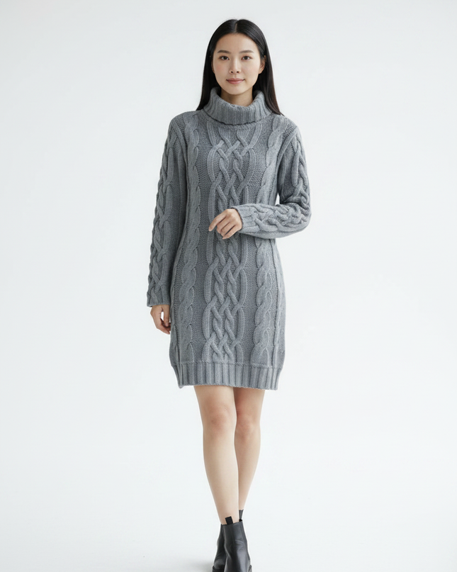 Rollkragen Strickkleid mit Zopfmuster in Grau - Ansicht 5