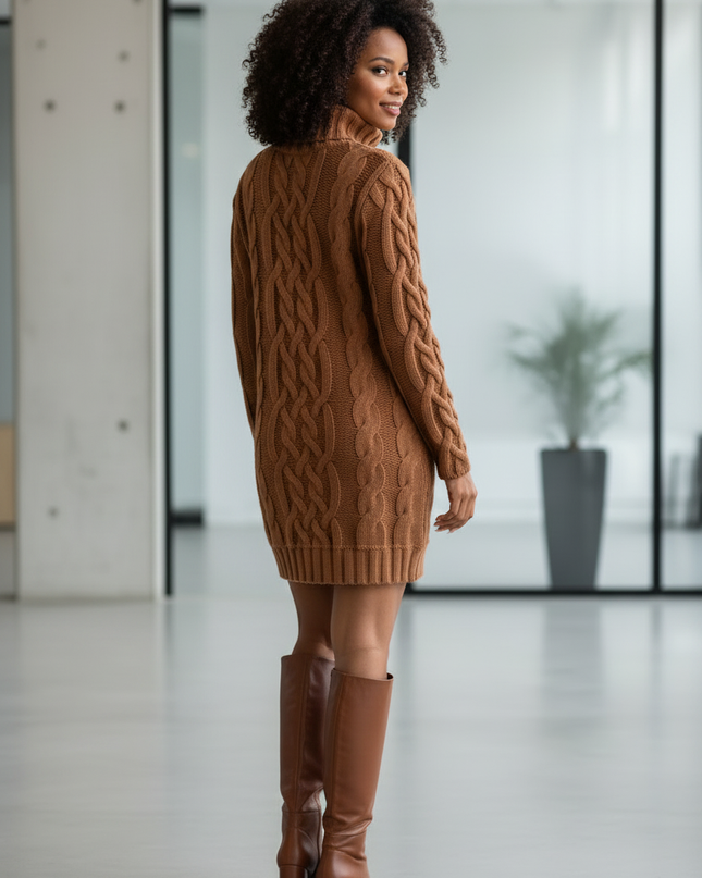 Rollkragen Strickkleid Zopfmuster Braun - Slim Fit - Ansicht 2