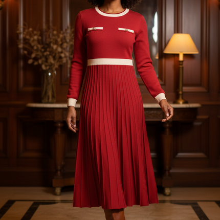 Schickes Strickkleid Damen - Rot mit Faltenrock - Ansicht 1