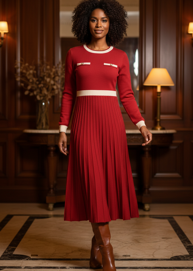 Schickes Strickkleid Damen - Rot mit Faltenrock - Ansicht 1