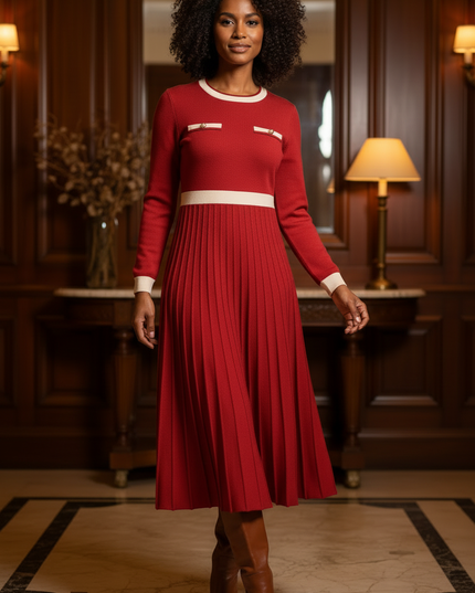 Schickes Strickkleid Damen - Rot mit Faltenrock - Ansicht 3