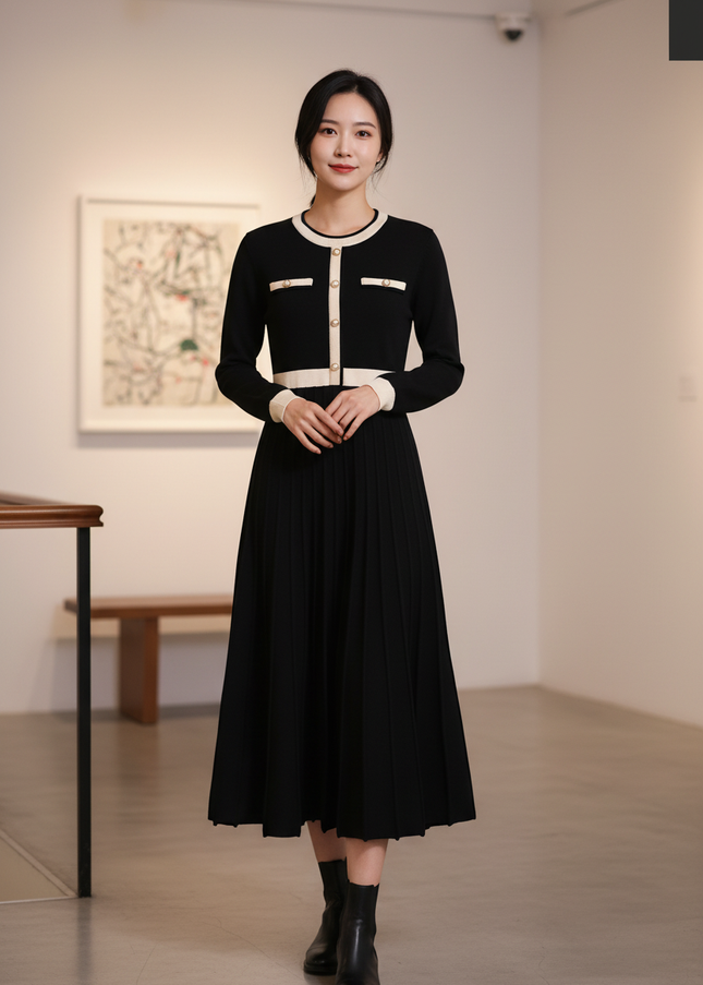 Strickkleid Damen elegant schwarz: Plisseerock Midi - Ansicht 1