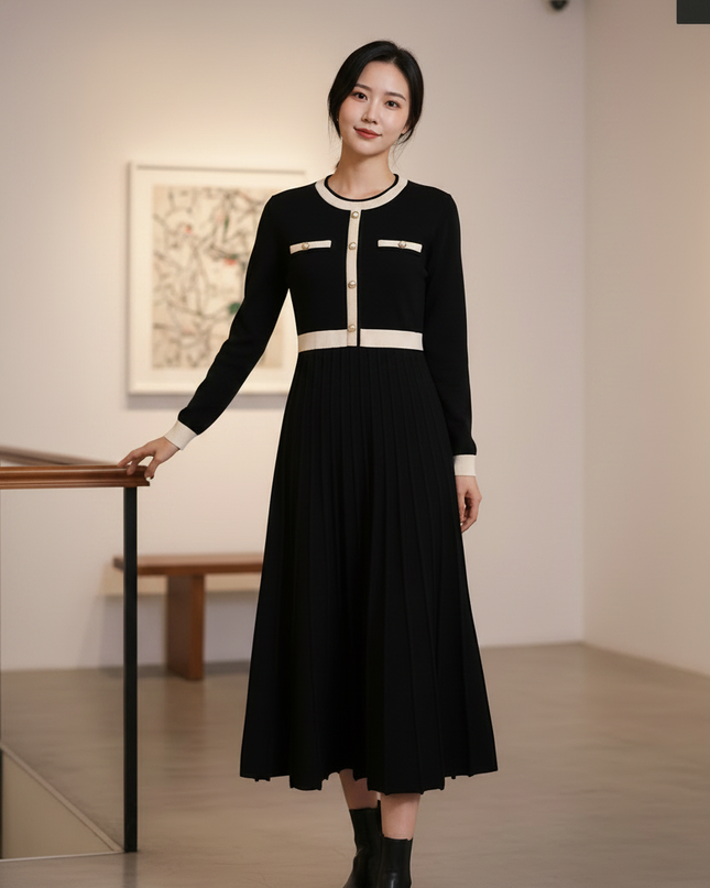 Strickkleid Damen elegant schwarz: Plisseerock Midi - Ansicht 3