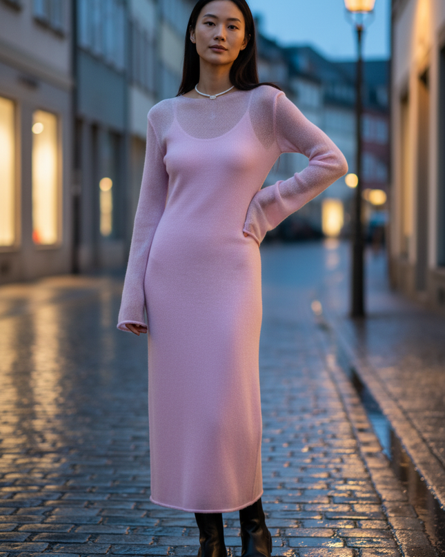 strickkleid damen figurumspielend in Rosa knöchellang - Ansicht 1