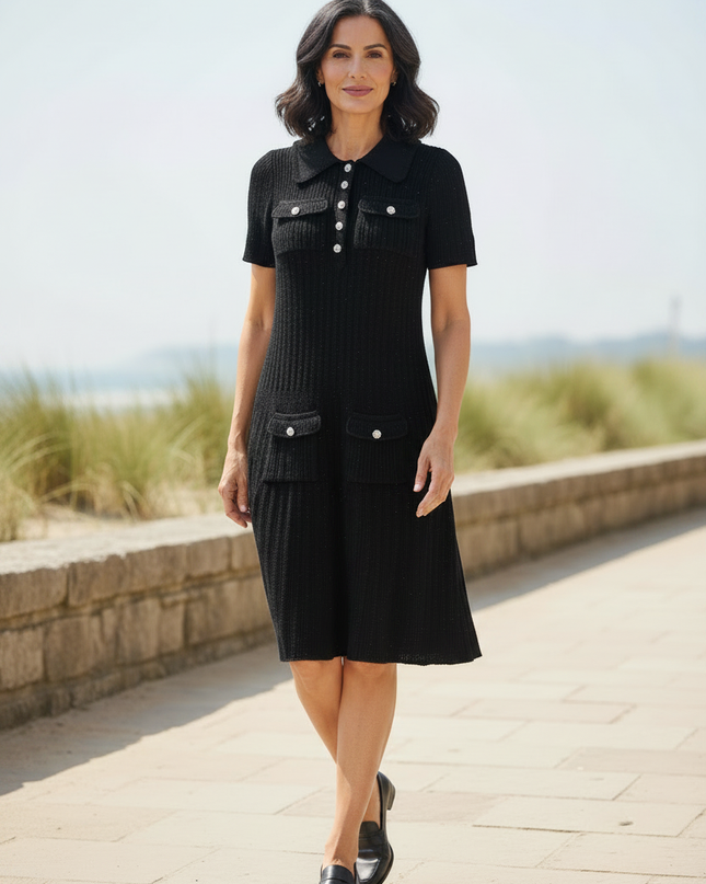 Strickkleid Damen Kurzarm Schwarz mit Polokragen - Ansicht 3