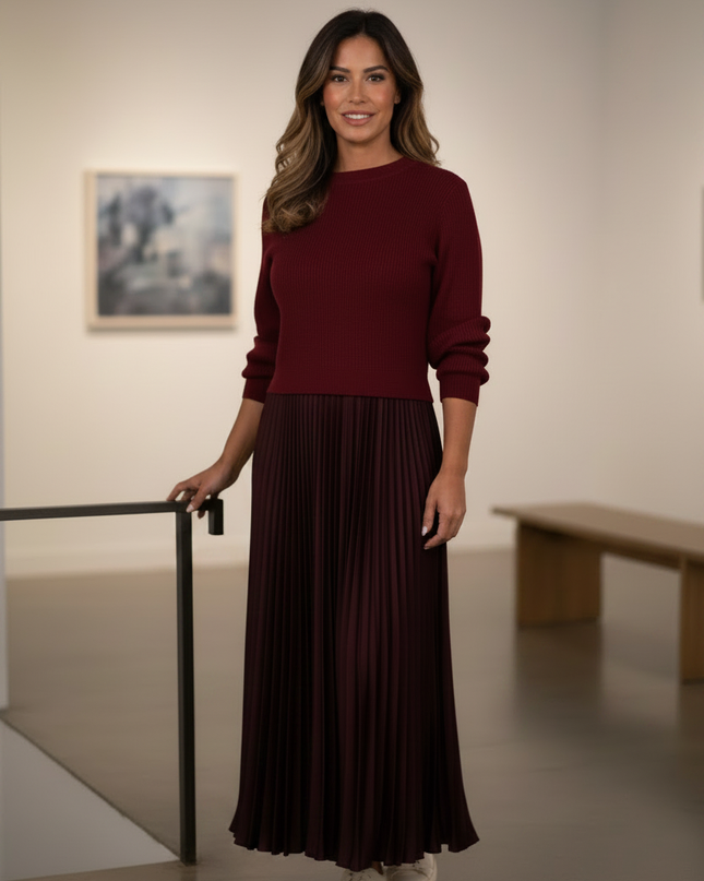 Strickkleid Damen Lang Rot mit Plisseerock - Ansicht 3