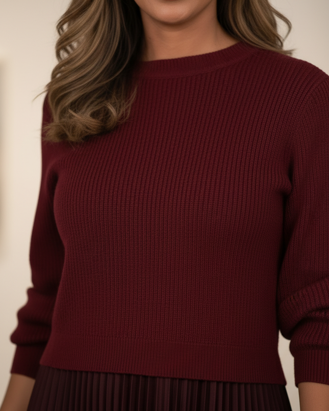 Strickkleid Damen Lang Rot mit Plisseerock - Ansicht 4