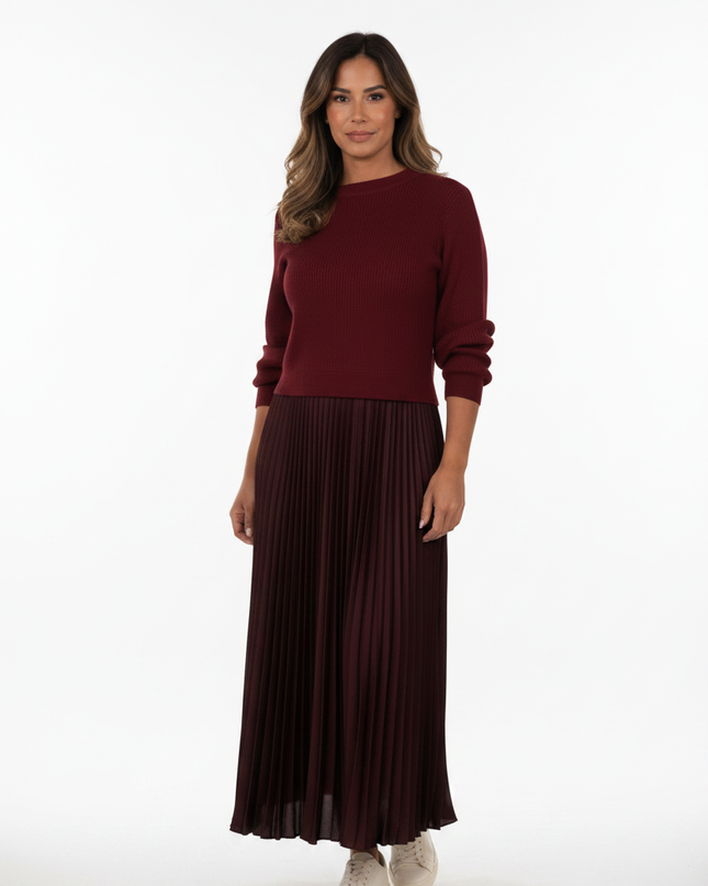 Strickkleid Damen Lang Rot mit Plisseerock - Ansicht 5