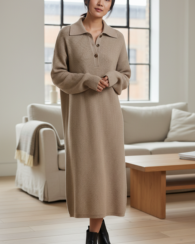 Strickkleid Damen mit Taschen beige knielang - Ansicht 1