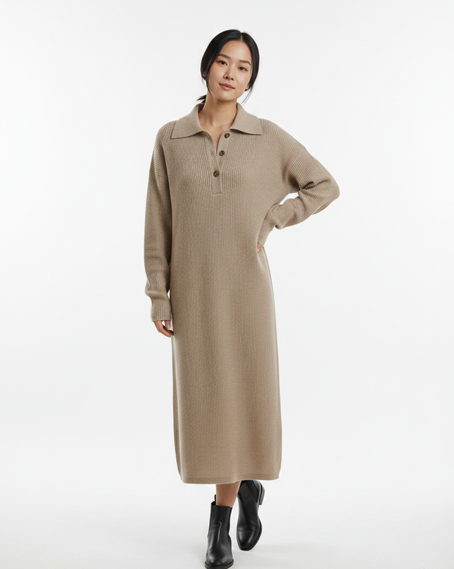 Strickkleid Damen mit Taschen beige knielang - Ansicht 5