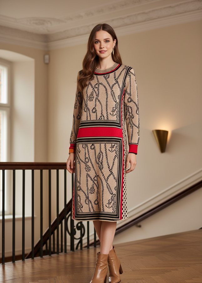 Strickkleid Damen modern beige Ketten-Jacquard - Ansicht 1