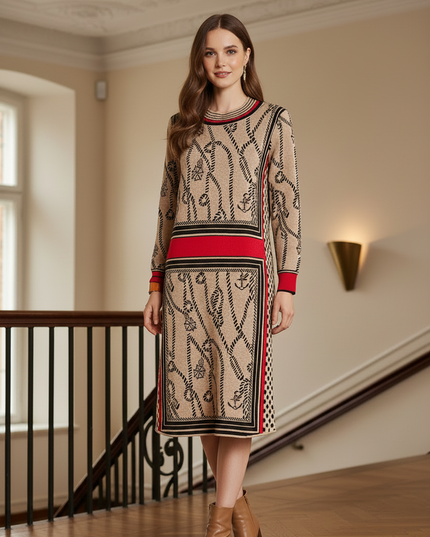 Strickkleid Damen modern beige Ketten-Jacquard - Ansicht 3