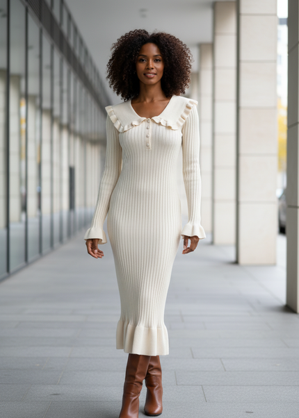 Strickkleid Damen tailliert in Creme mit Bubikragen - Ansicht 1