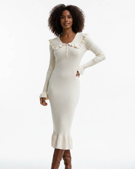 Strickkleid Damen tailliert in Creme mit Bubikragen - Ansicht 5