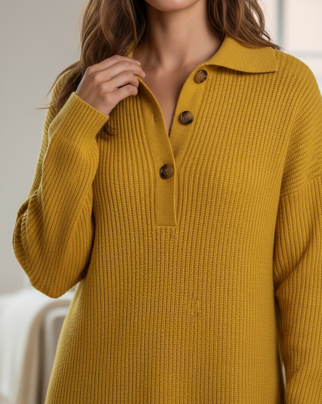 Strickkleid Damen weit: Gelbes Strickkleid mit Umlegekragen - Ansicht 4