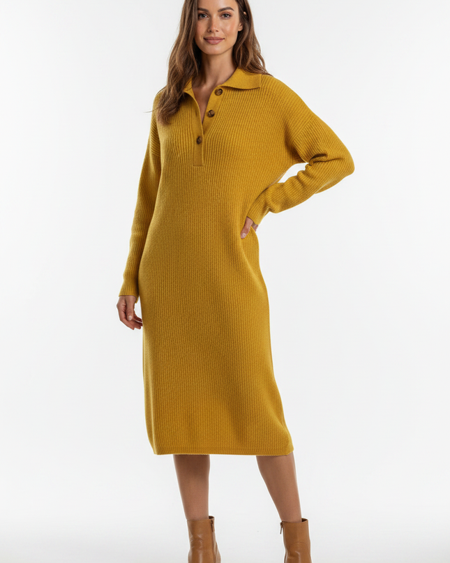 Strickkleid Damen weit: Gelbes Strickkleid mit Umlegekragen - Ansicht 5
