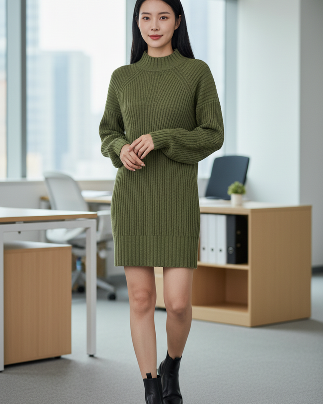 Strickkleid Damen Winter Kurz Olivgrün - Ansicht 1