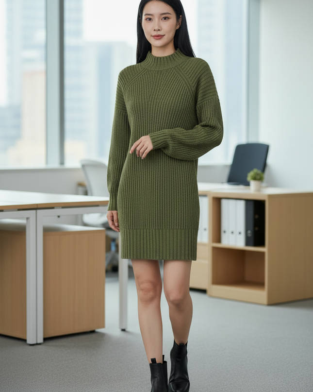 Strickkleid Damen Winter Kurz Olivgrün - Ansicht 3