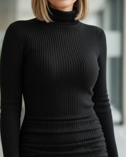 Strickkleid mit Rollkragen Damen - schwarz, figurbetont - Ansicht 4