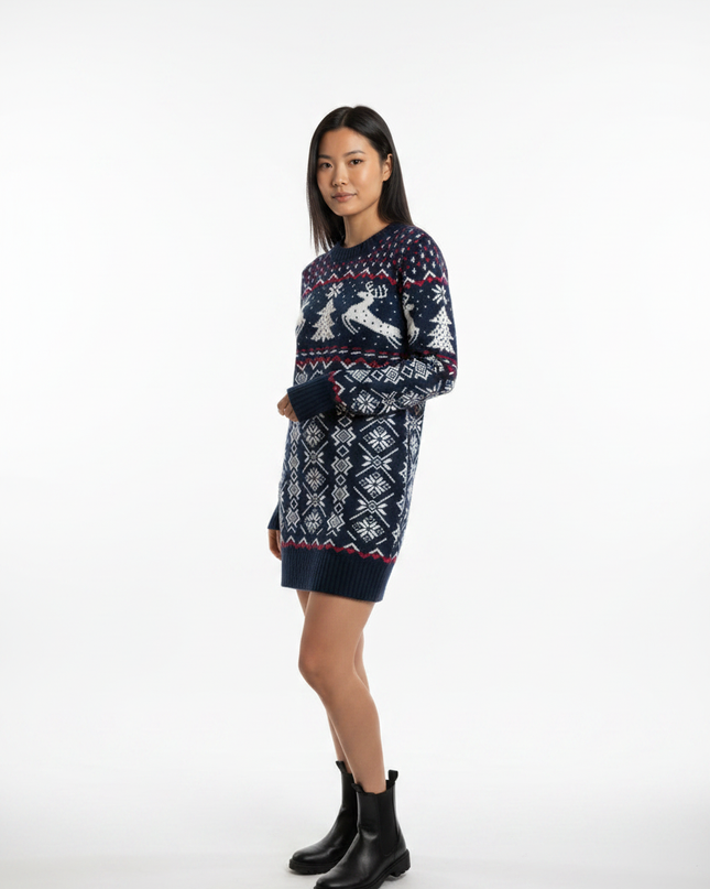 Strickkleid mit Weihnachtsmotiv Damen dunkelblau Rundhals - Ansicht 5