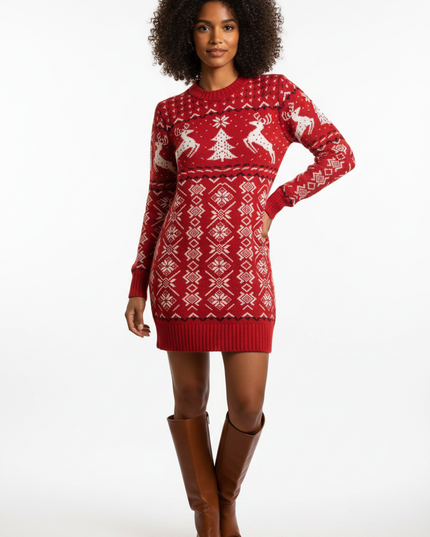 Strickkleid Weihnachten Damen rot mit Jacquardmuster - Ansicht 5