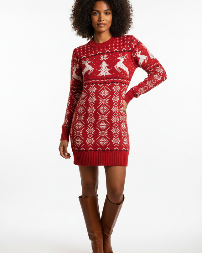 Strickkleid Weihnachten Damen rot mit Jacquardmuster - Ansicht 5