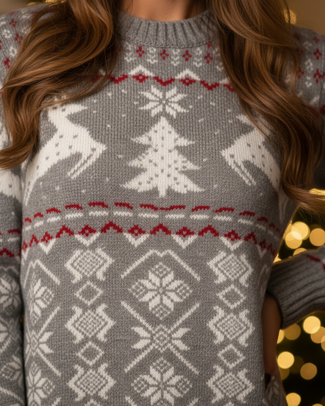 Strickkleid Weihnachtskleid Damen: Grau mit Rentier-Motiv - Ansicht 4