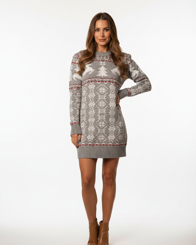 Strickkleid Weihnachtskleid Damen: Grau mit Rentier-Motiv - Ansicht 5